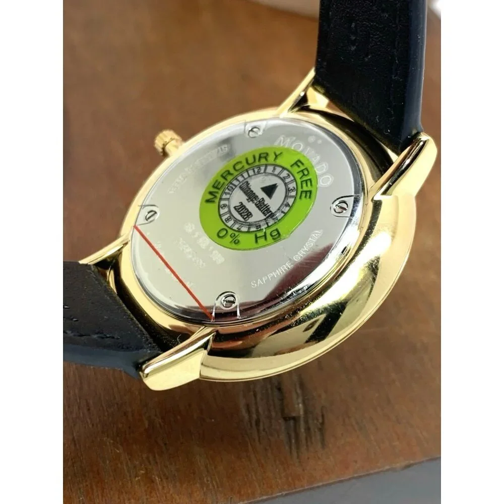 Movado Womens Watch 0607091 Ultra Slim Black Dial Swiss Quartz Gold Leather 35mm